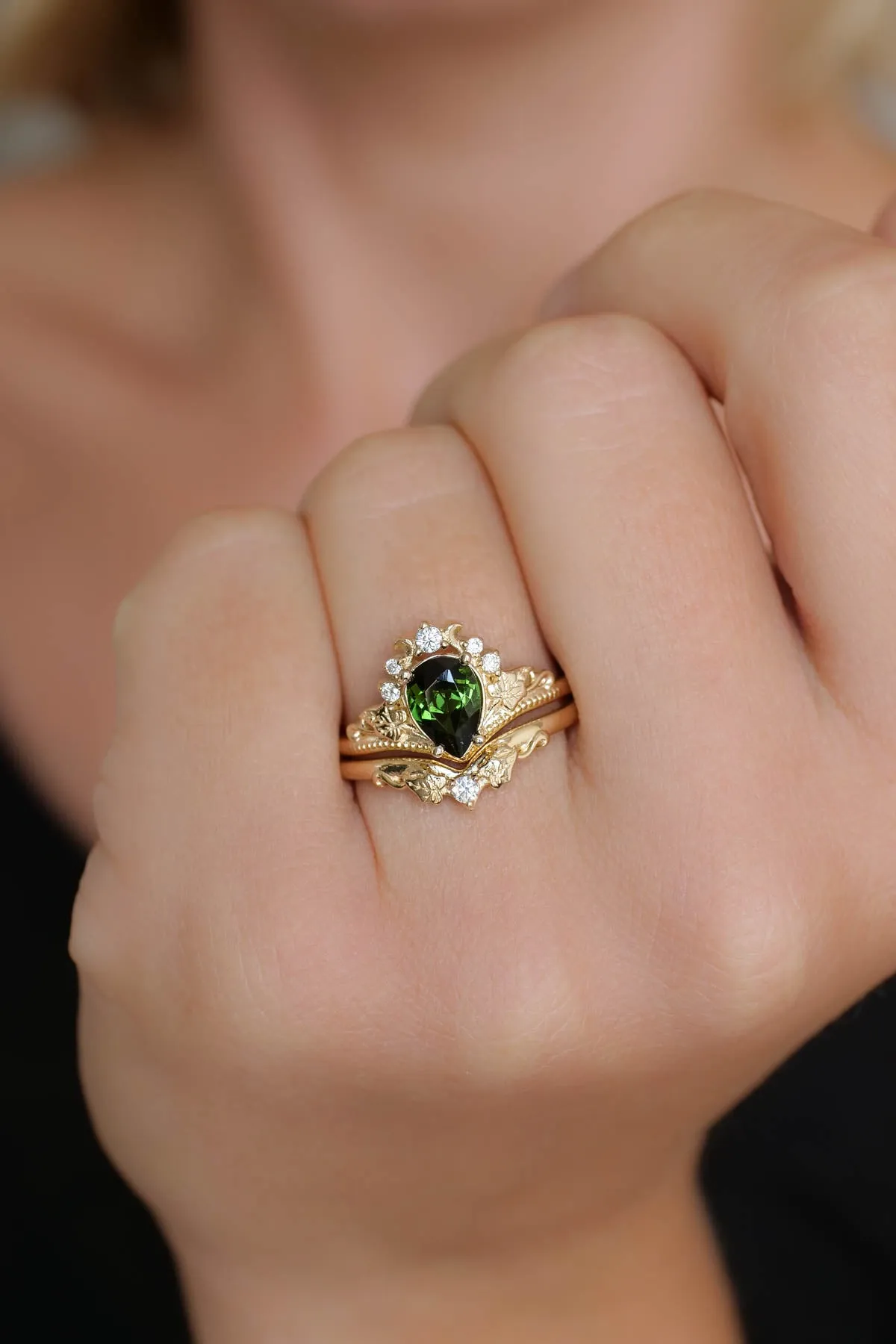 Green tourmaline engagement ring, bridal ring set with diamonds / Ariadne