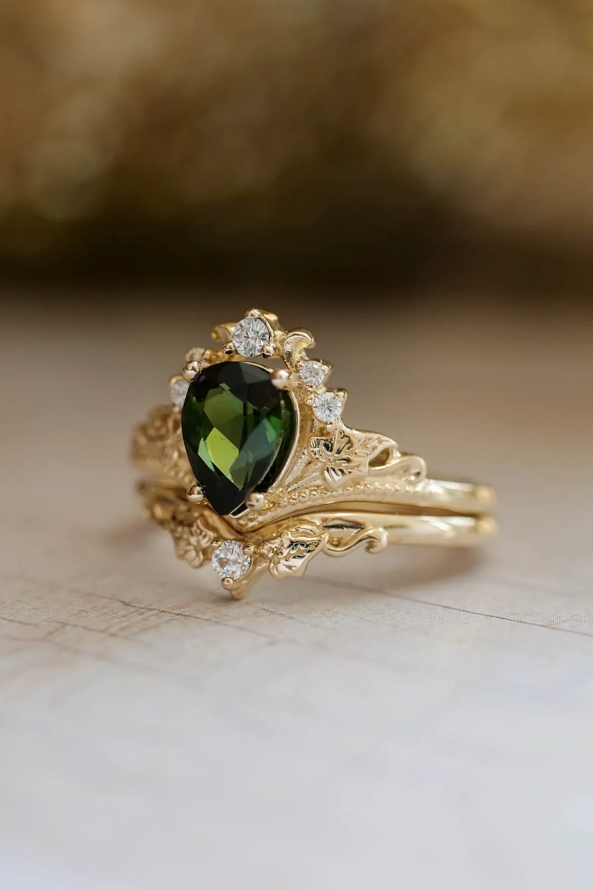 Green tourmaline engagement ring, bridal ring set with diamonds / Ariadne