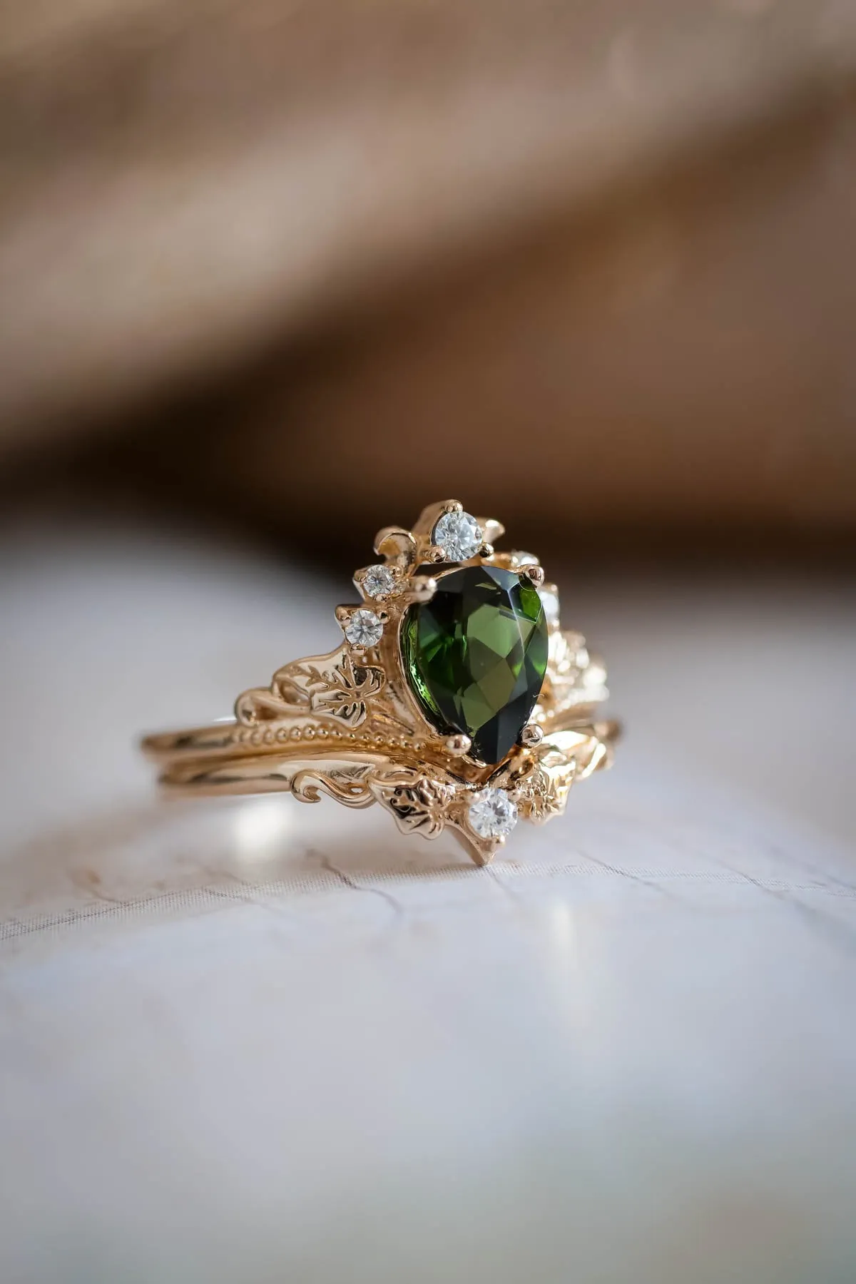 Green tourmaline engagement ring, bridal ring set with diamonds / Ariadne