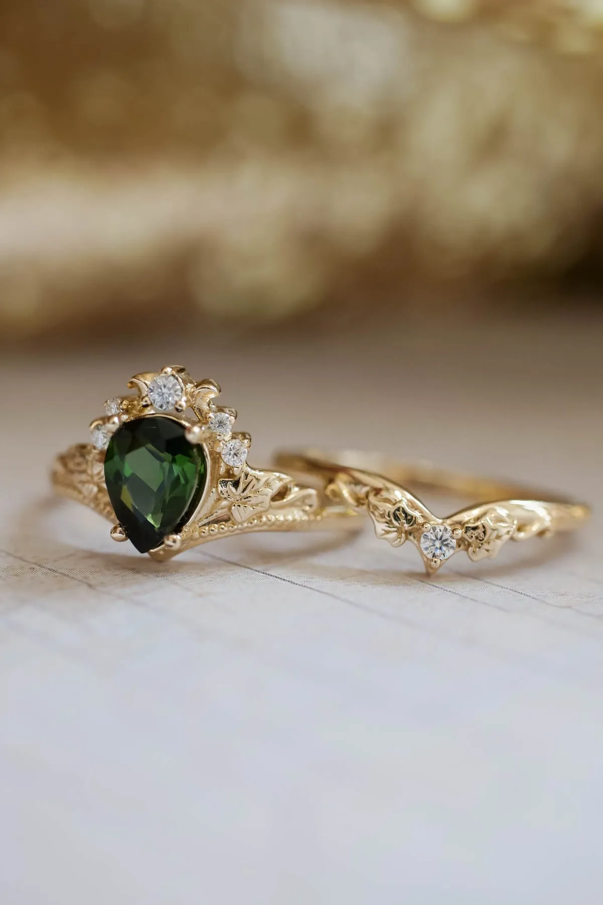 Green tourmaline engagement ring, bridal ring set with diamonds / Ariadne