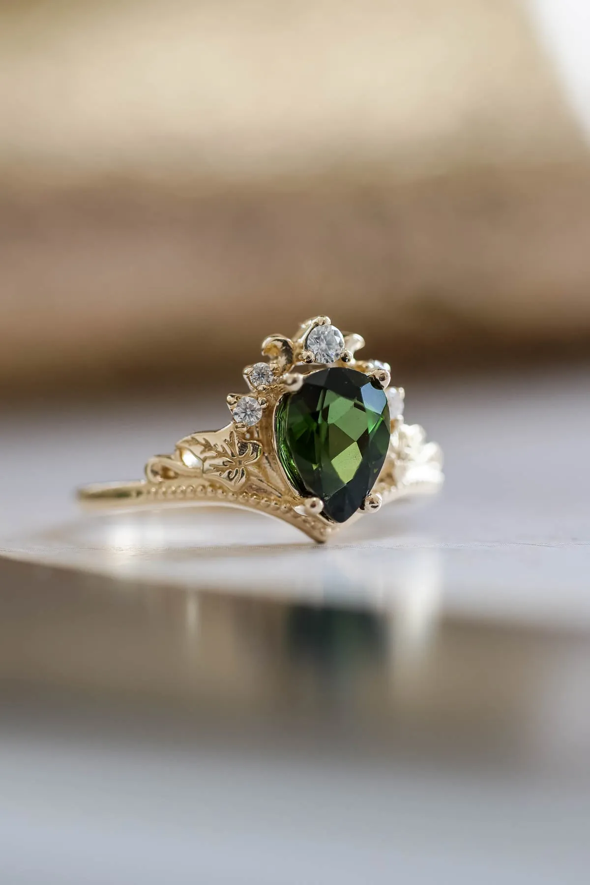 Green tourmaline engagement ring, bridal ring set with diamonds / Ariadne