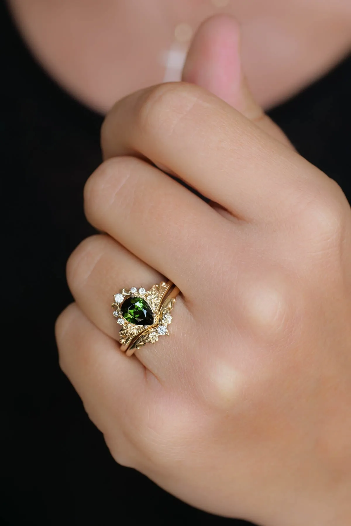 Green tourmaline engagement ring, bridal ring set with diamonds / Ariadne