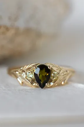 Green tourmaline engagement ring, gold leaf ring with side yellow sapphires / Wisteria