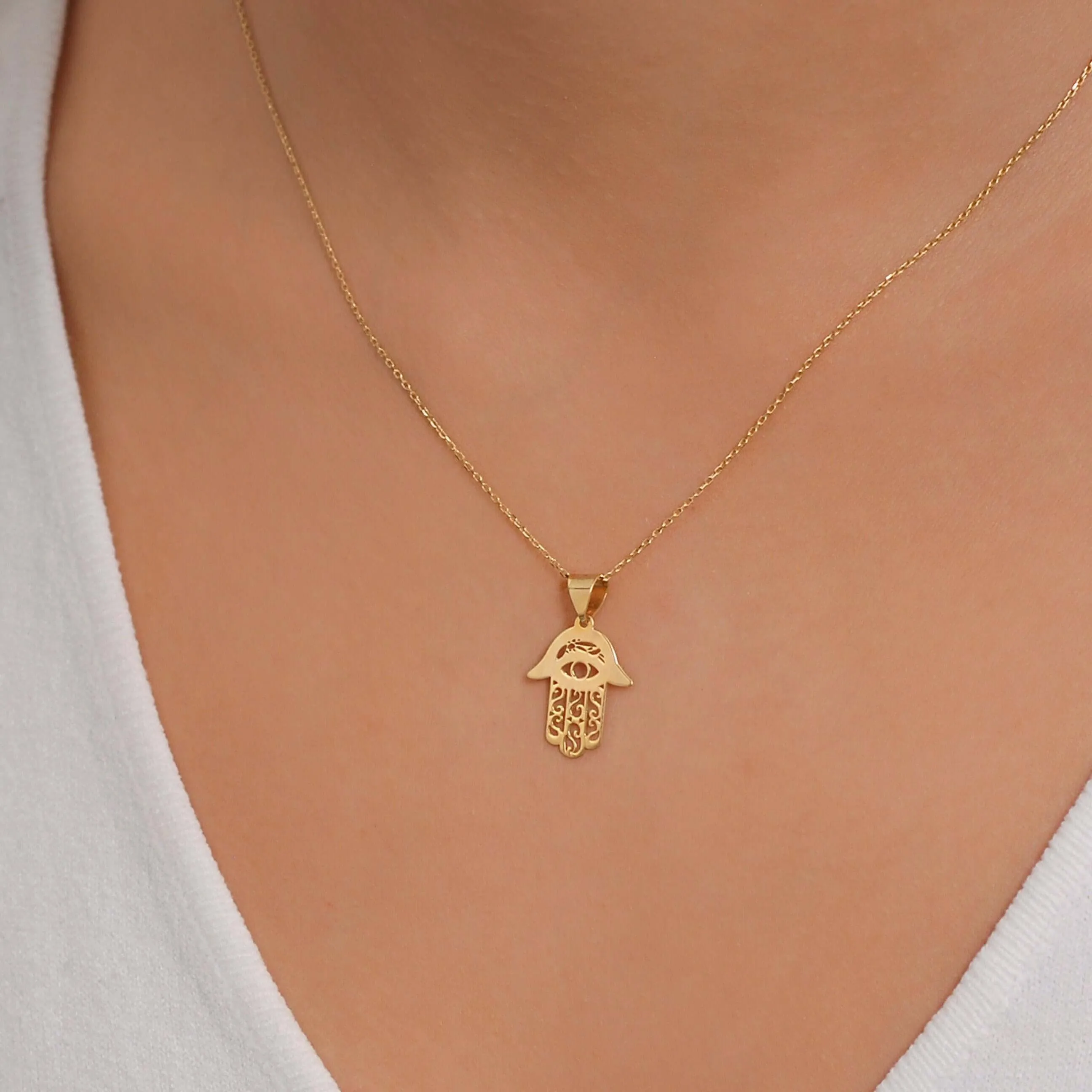 Hamsa Hand Necklace | 14K Solid Gold