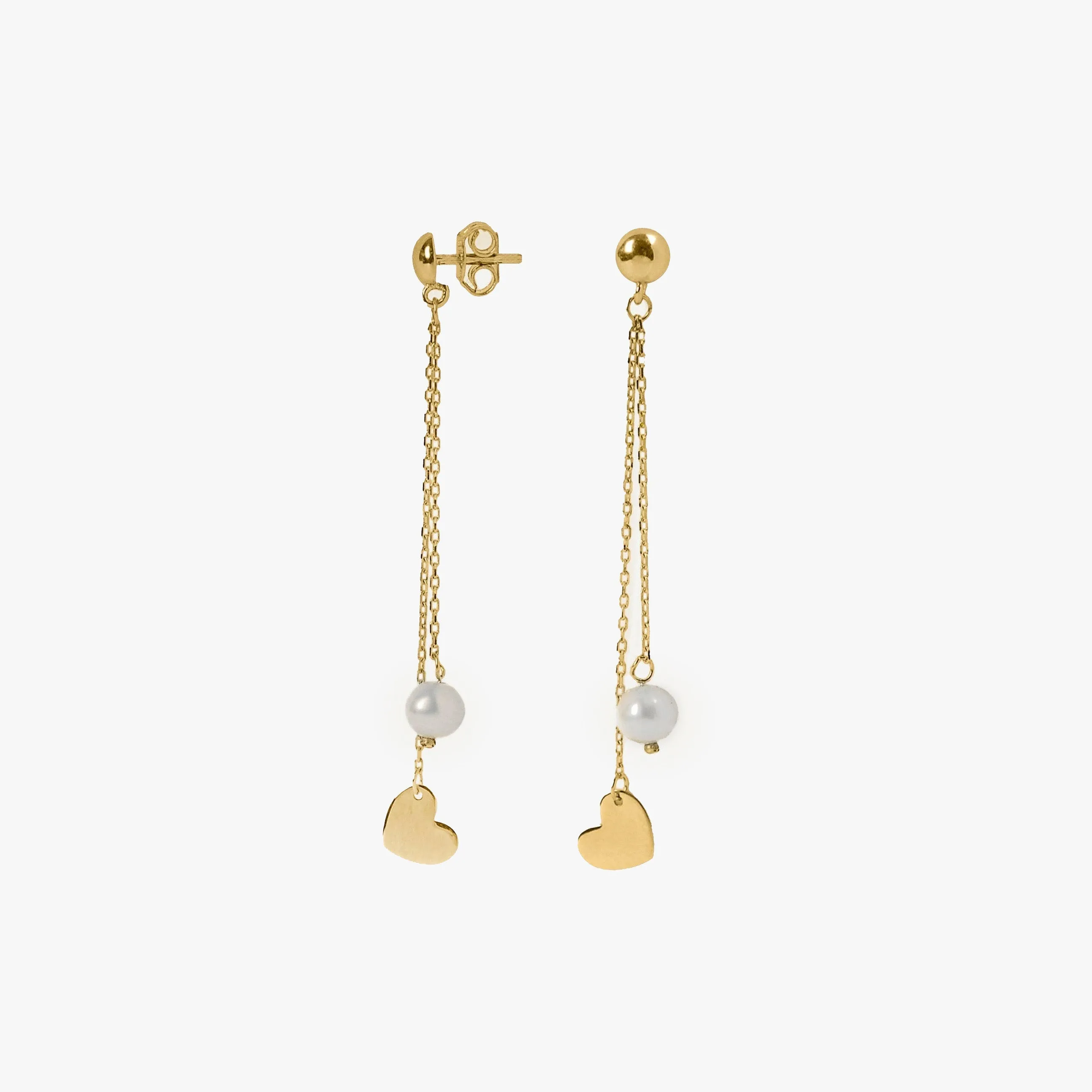 Heart and Pearl Dangle Earrings | 14K Solid Gold