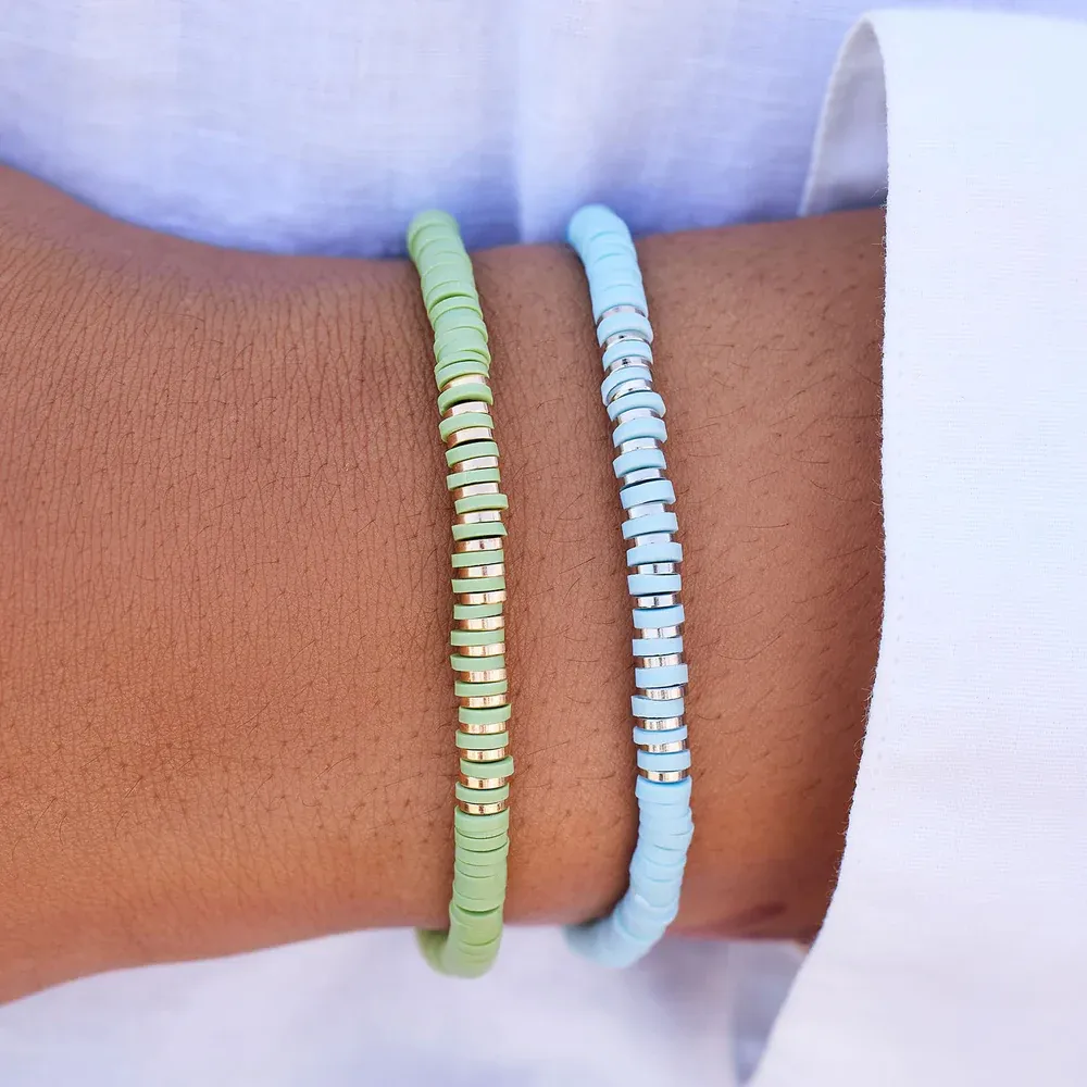 Heishi Disc & Metal Stretch Bracelet in Aqua and Gold Pura Vida