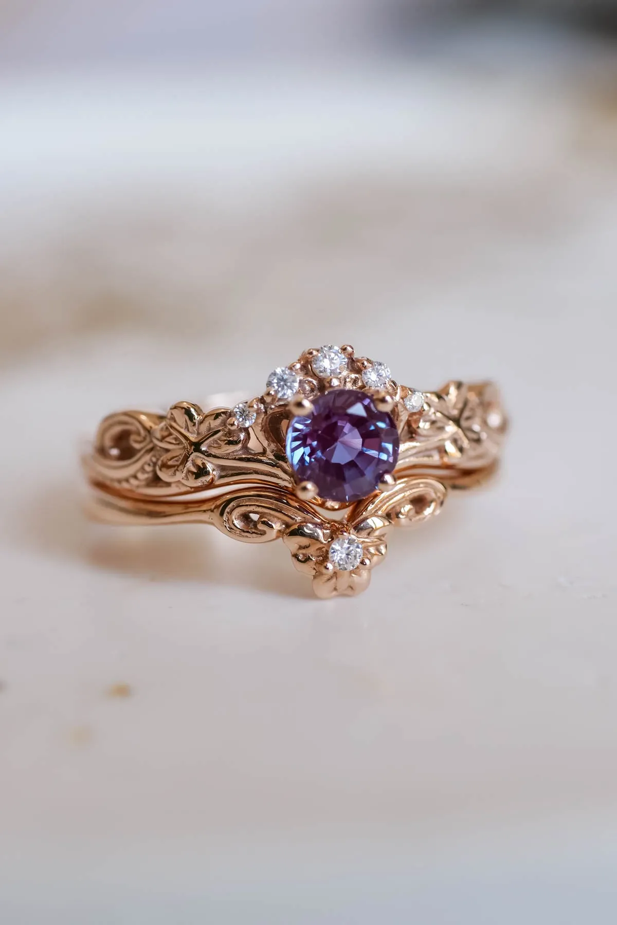 Irish engagement ring set with alexandrite, gold clover leaf rings / Horta