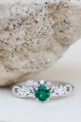 Lab created emerald engagement ring, celtic proposal ring with diamonds / Horta