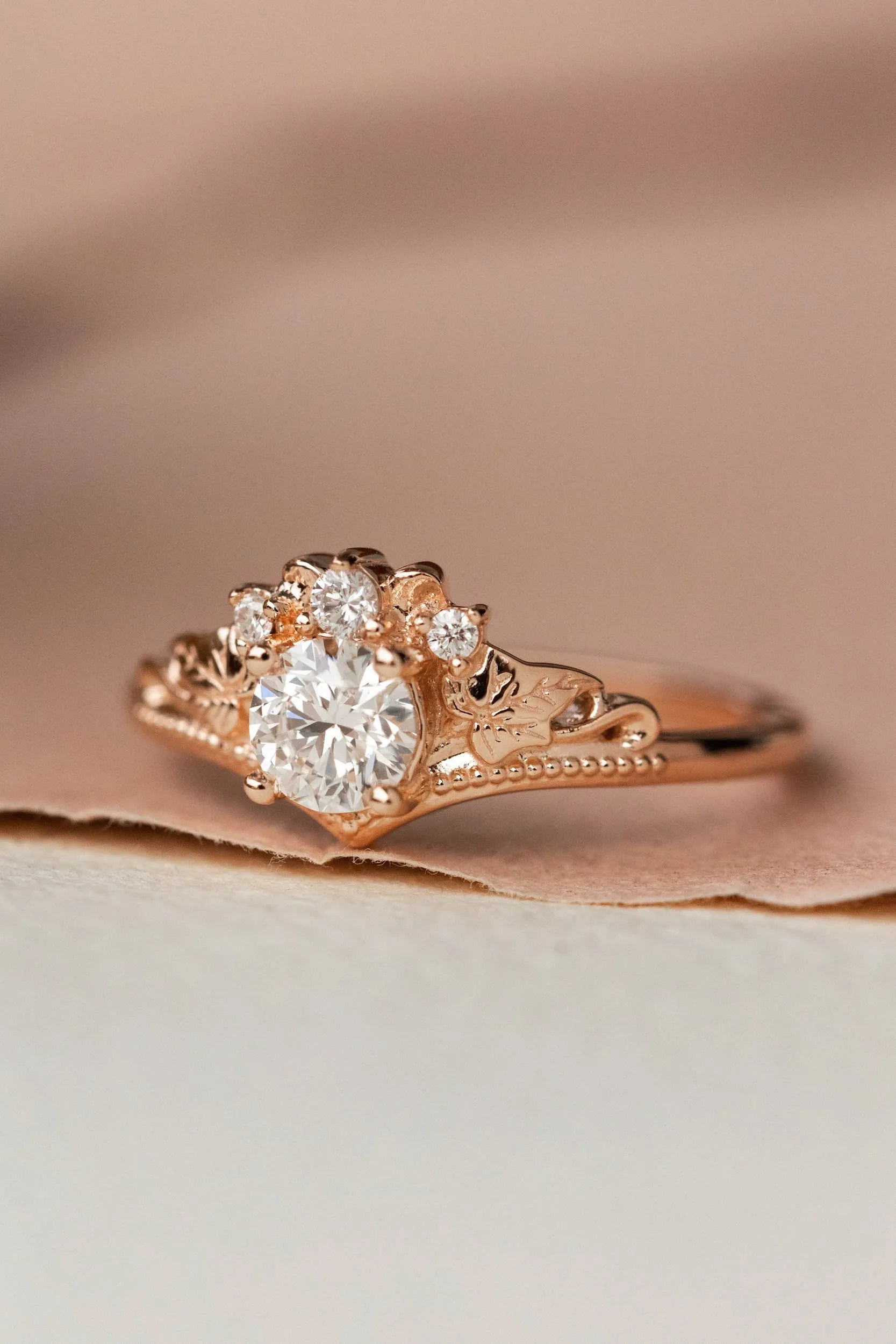 Lab grown diamond engagement ring, rose gold nature inspired proposal ring / Ariadne