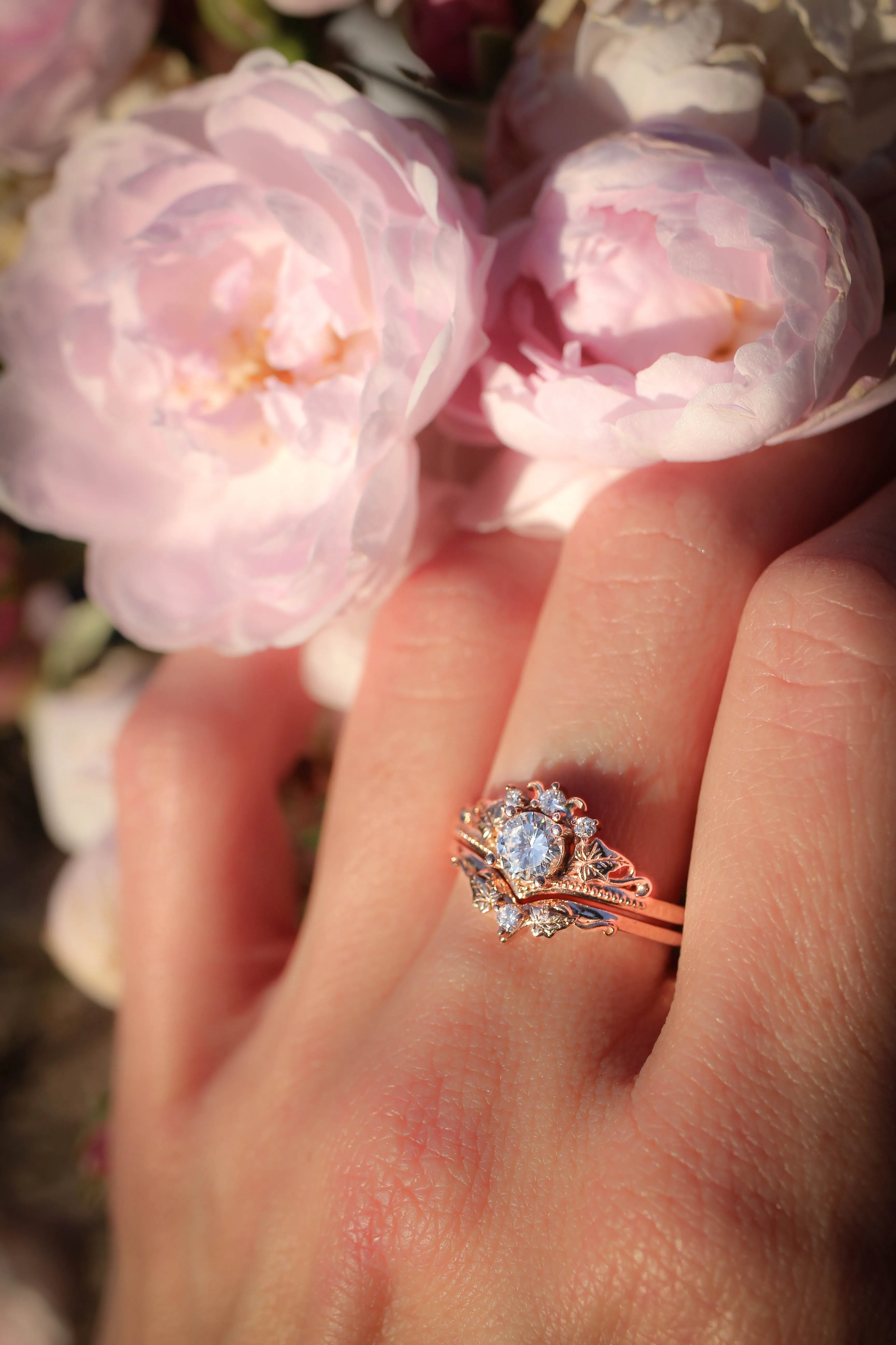 Lab grown diamond engagement ring, rose gold nature inspired proposal ring / Ariadne