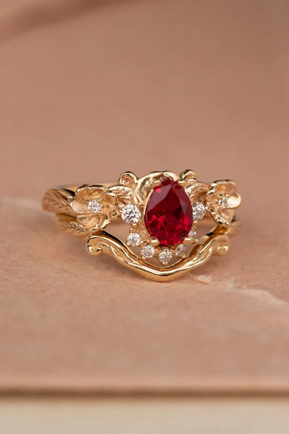 Lab ruby bridal ring set with diamond crown, unique flower engagement ring set / Adelina