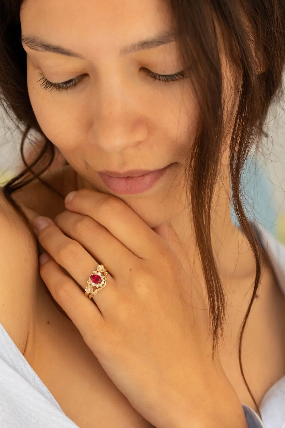 Lab ruby bridal ring set with diamond crown, unique flower engagement ring set / Adelina