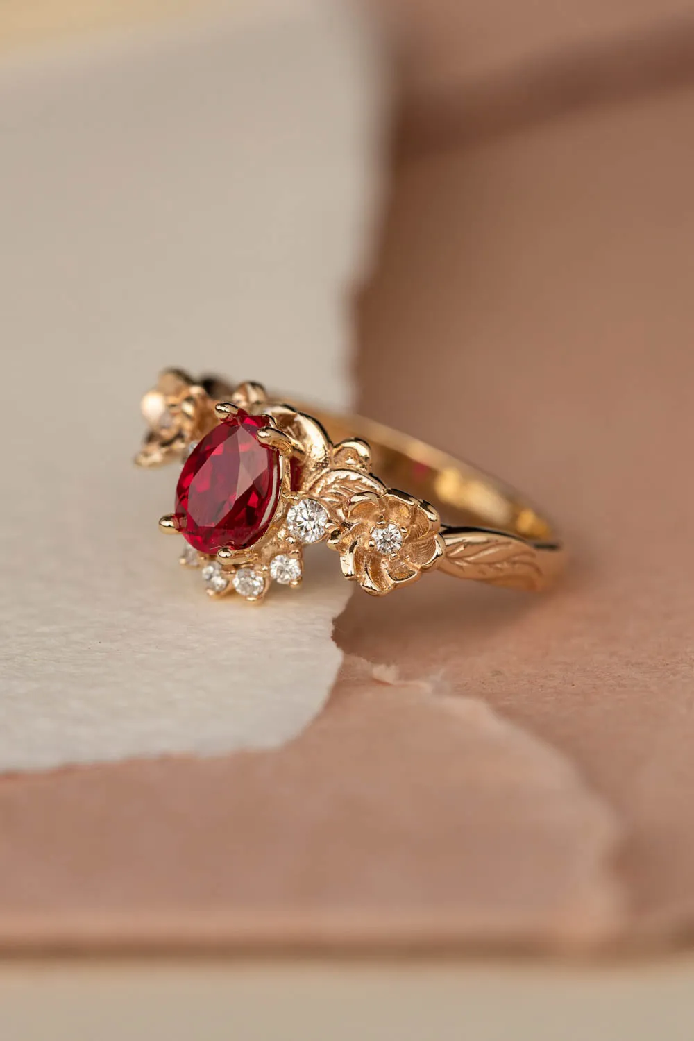 Lab ruby bridal ring set with diamond crown, unique flower engagement ring set / Adelina