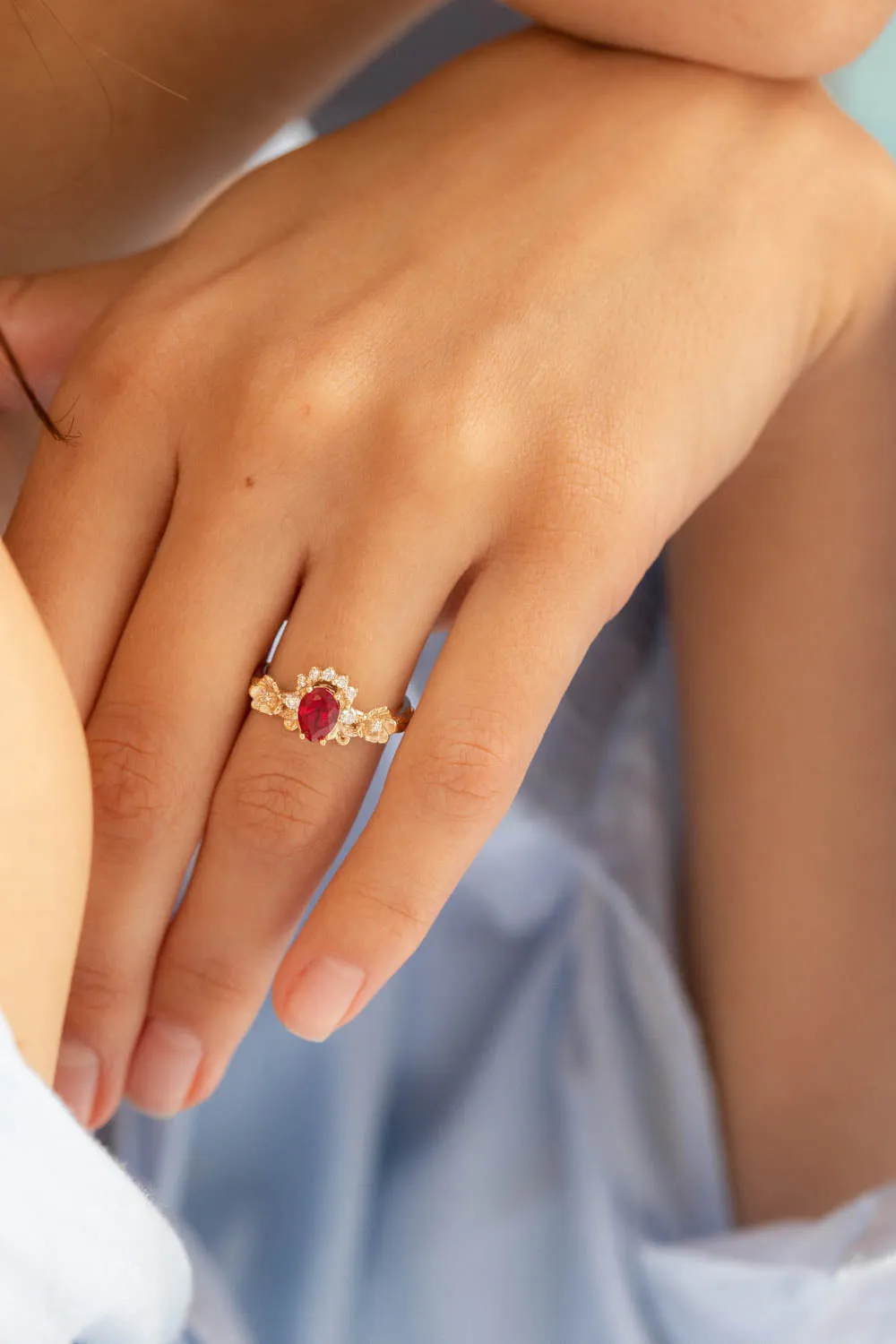 Lab ruby bridal ring set with diamond crown, unique flower engagement ring set / Adelina