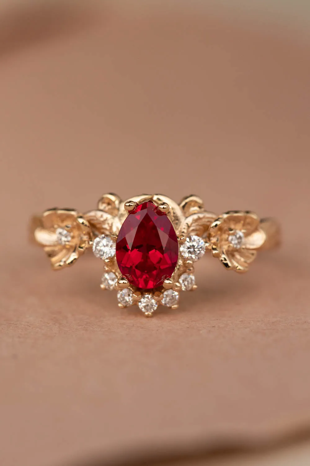 Lab ruby bridal ring set with diamond crown, unique flower engagement ring set / Adelina