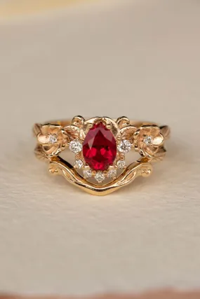 Lab ruby bridal ring set with diamond crown, unique flower engagement ring set / Adelina