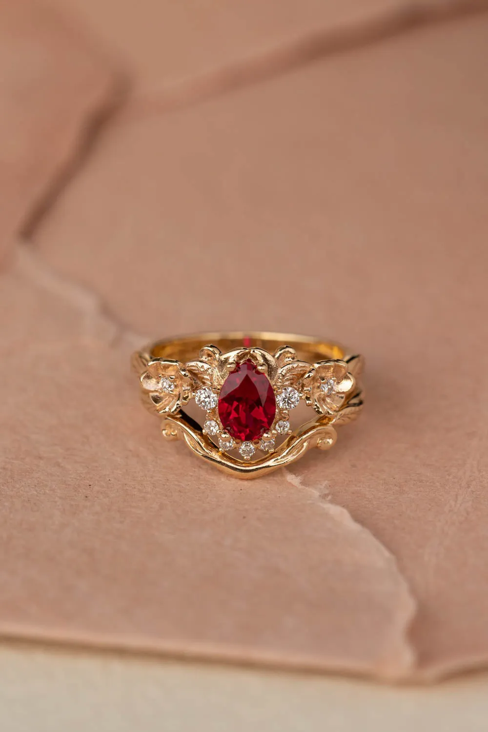 Lab ruby bridal ring set with diamond crown, unique flower engagement ring set / Adelina