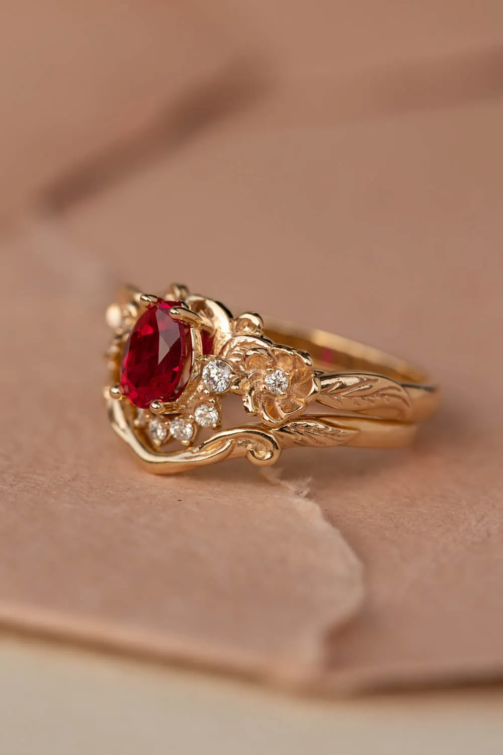 Lab ruby bridal ring set with diamond crown, unique flower engagement ring set / Adelina