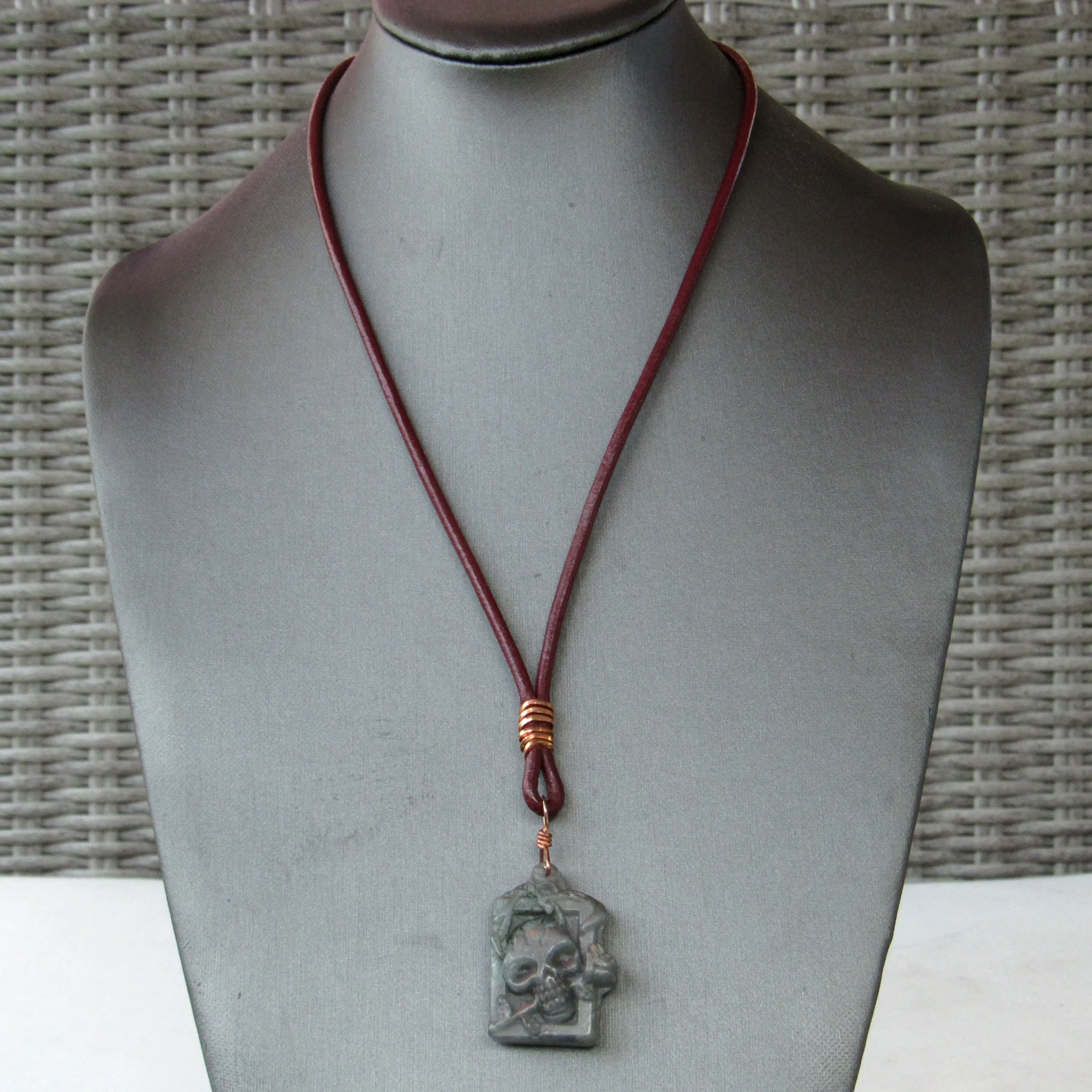 Labradorite gemstone Skull on Leather Necklace