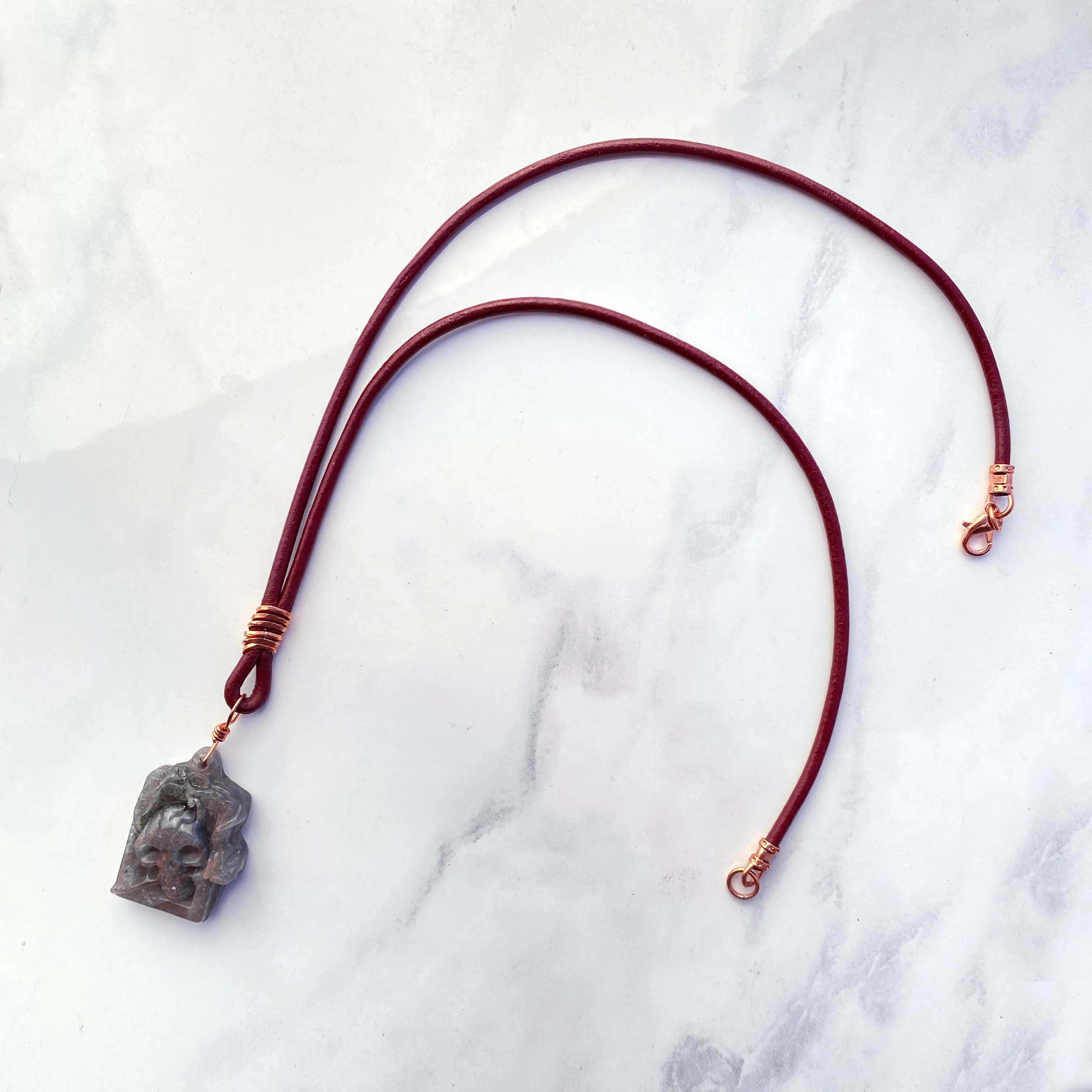 Labradorite gemstone Skull on Leather Necklace