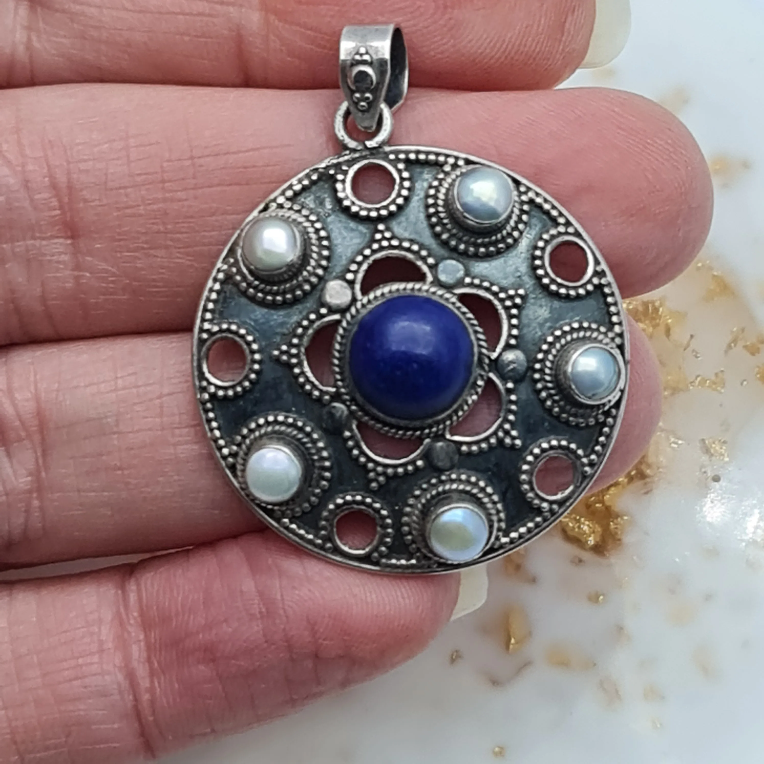 Lapis Lazuli Fresh Water Pearl Stone pendant large