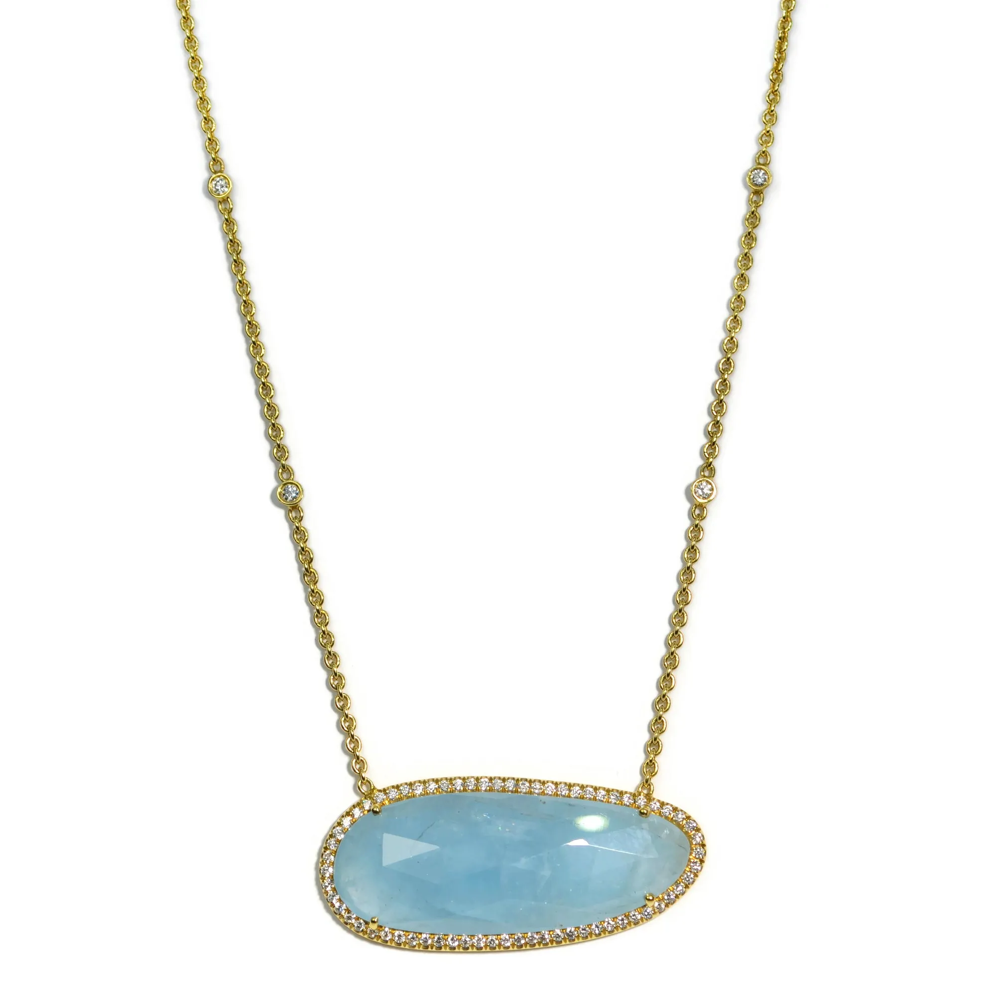 Lauren K - Bar Necklace with Milky Aquamarine and Diamonds, 18k Yellow Gold