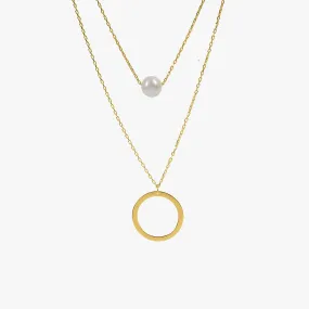 Layered Pearl and Circle Necklace | 14K Solid Gold