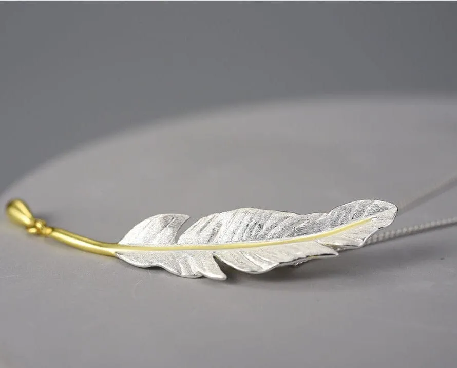 Long Goose Feather Pendant Necklace - 925 Sterling Silver