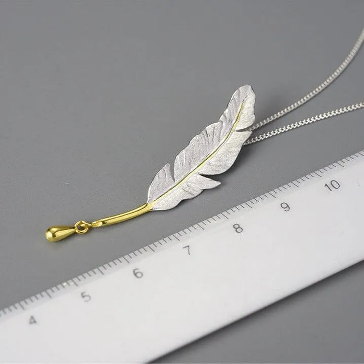 Long Goose Feather Pendant Necklace - 925 Sterling Silver