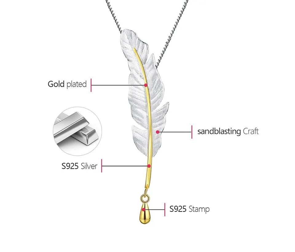 Long Goose Feather Pendant Necklace - 925 Sterling Silver