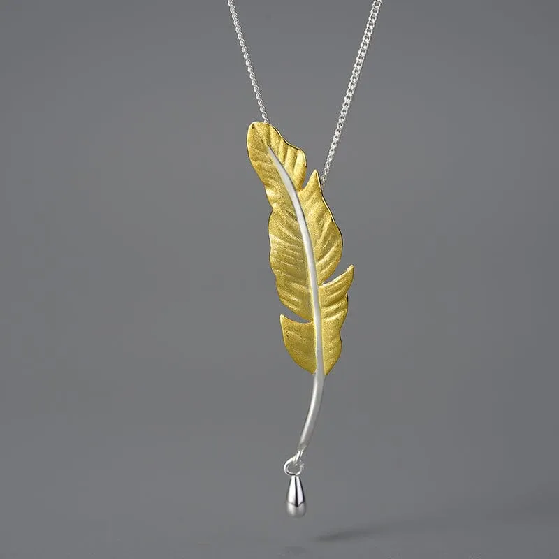 Long Goose Feather Pendant Necklace - 925 Sterling Silver