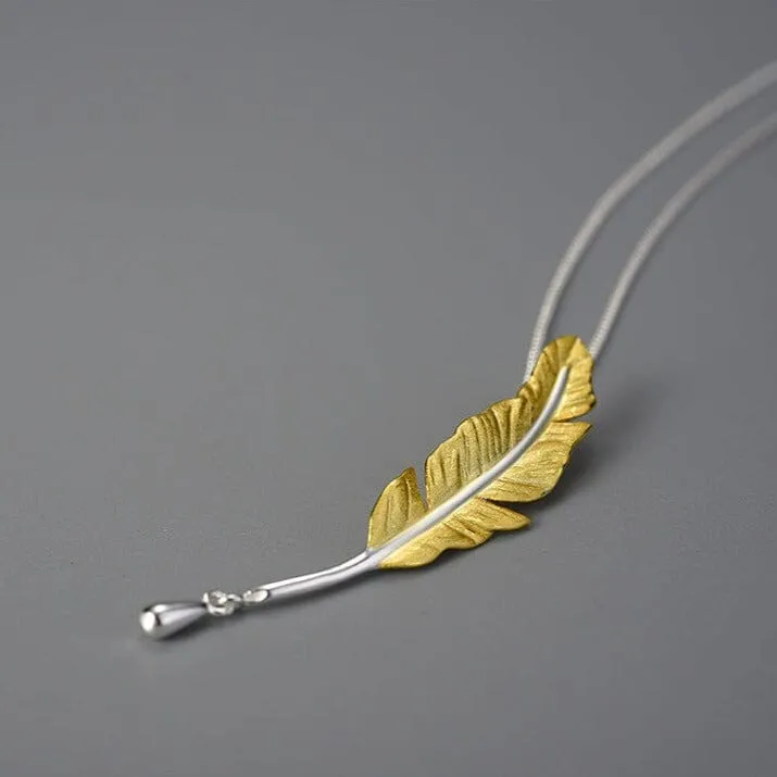 Long Goose Feather Pendant Necklace - 925 Sterling Silver