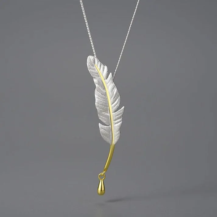 Long Goose Feather Pendant Necklace - 925 Sterling Silver