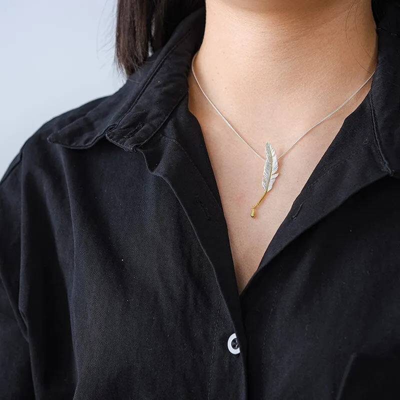 Long Goose Feather Pendant Necklace - 925 Sterling Silver