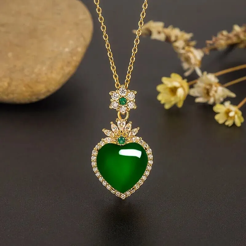 Love Heart-Shaped Emerald & Green Chalcedony Pendant Necklace