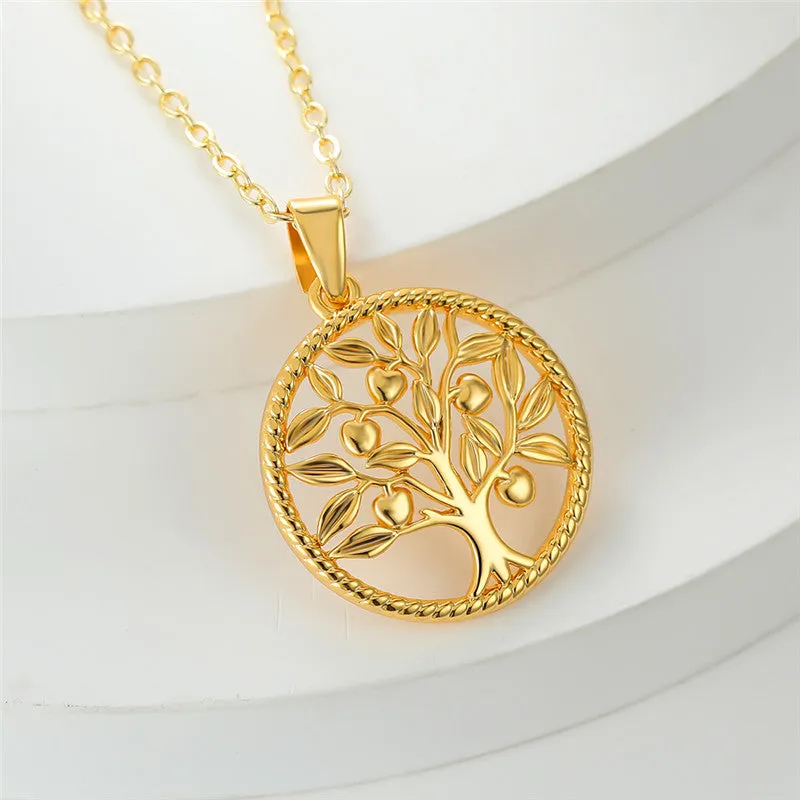 Luxury Life Of Tree Round Pendant Necklace Yellow Golden Color Chain Necklaces Charm Alloy Wedding Necklaces For Women