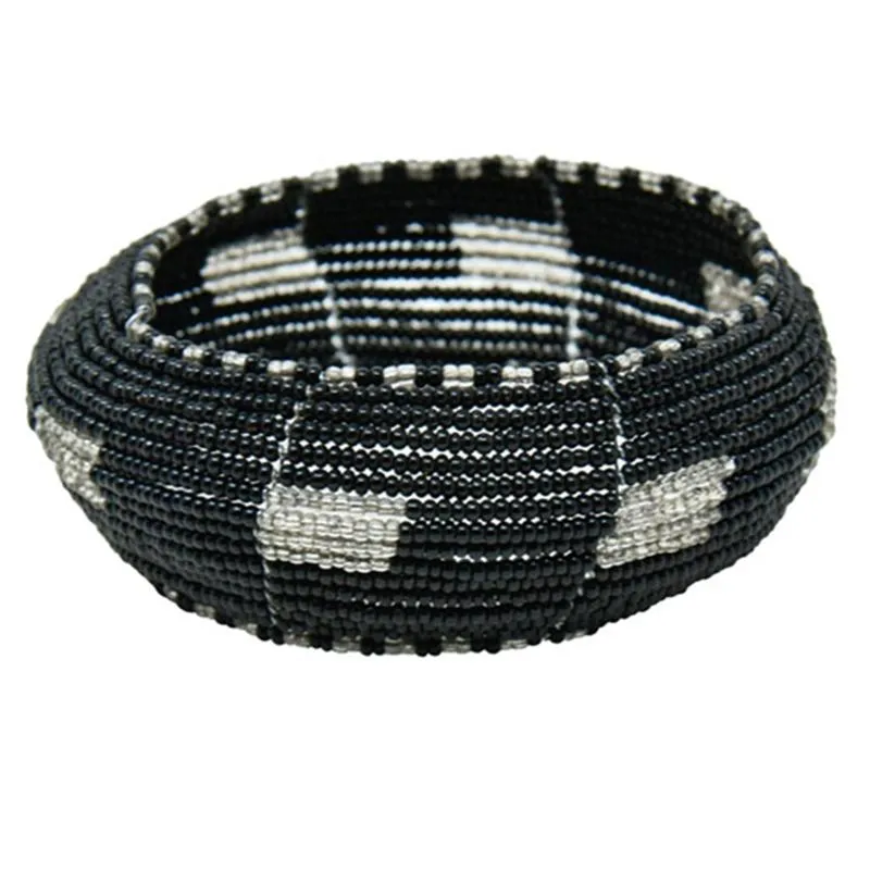 Maasai Concave Beaded Bangle 10 - Black & Silver