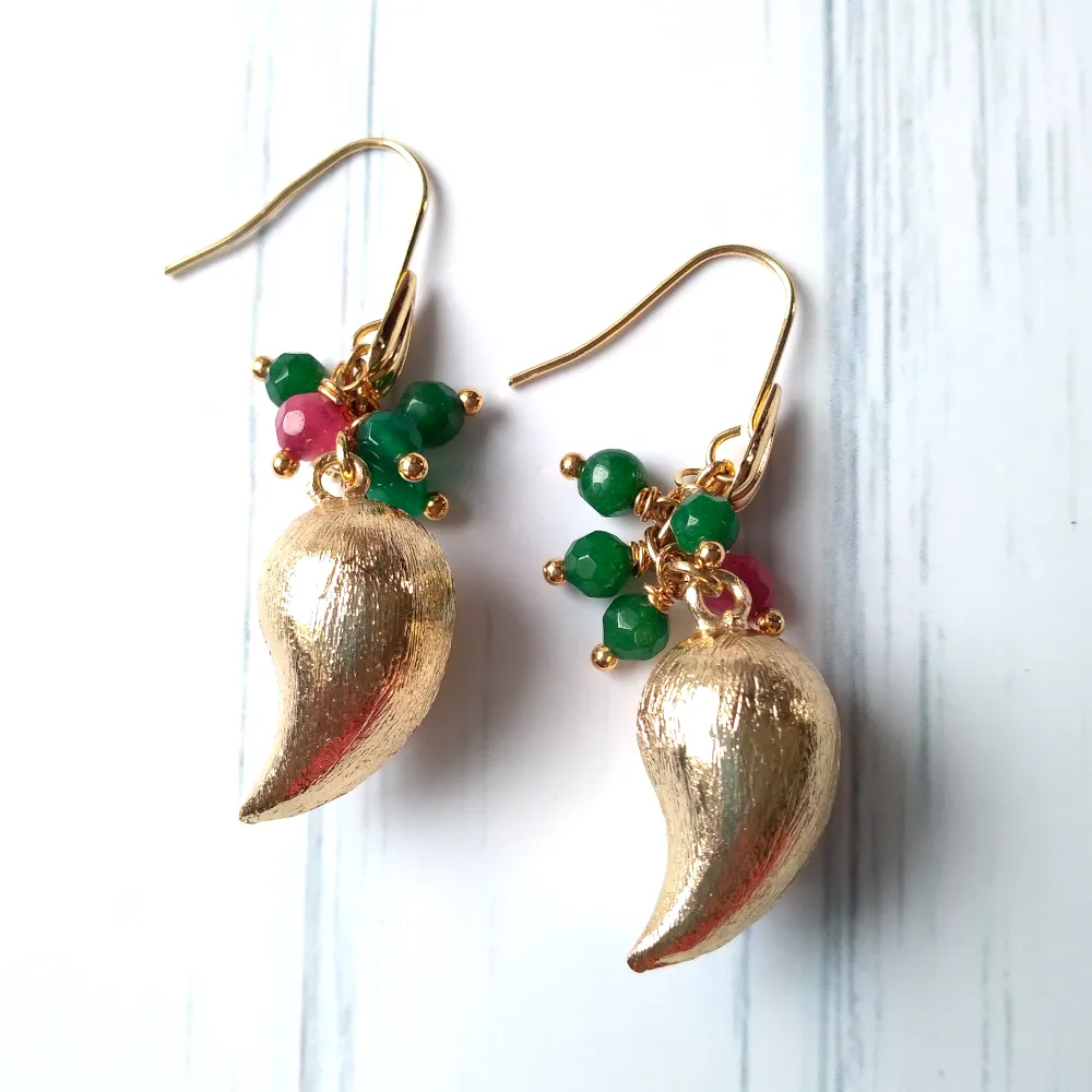 Mangga with Green Agate and Rubies Drop Earrings