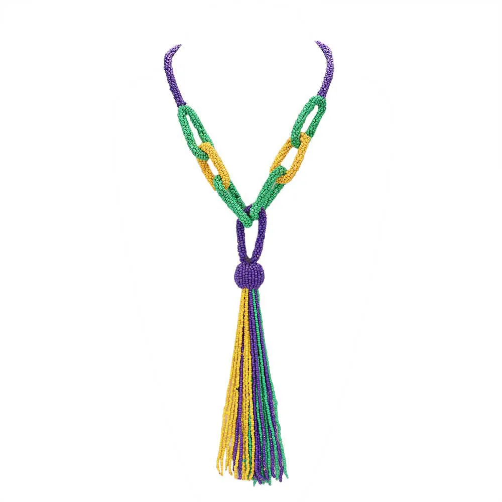 Mardi Gras Seed Bead Knot Fringe Long Necklace