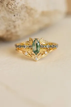 Marquise moss agate bridal ring set with salt&pepper diamonds and teal sapphires / Verbena