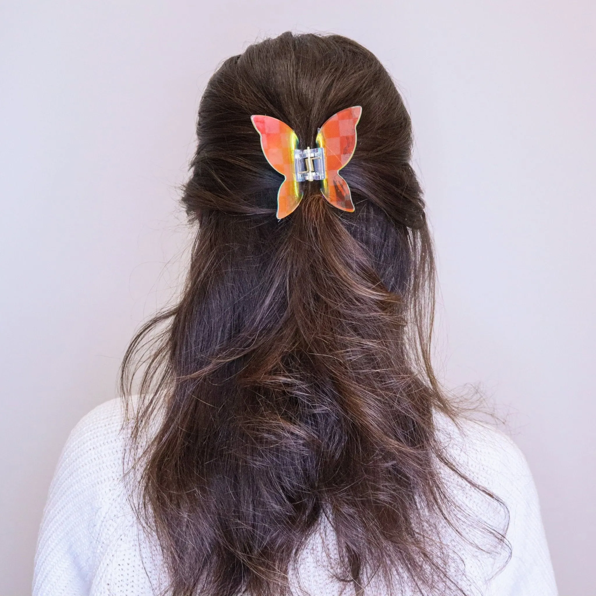 Medium Iridescent Checkered Butterfly Hair Claw Clip