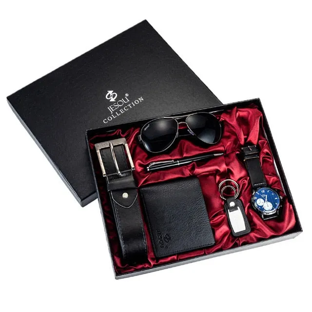 Men Quartz Watch, Sunglasses, Belt, Wallet, Ballpoint Pen, and Keychain Gift Set