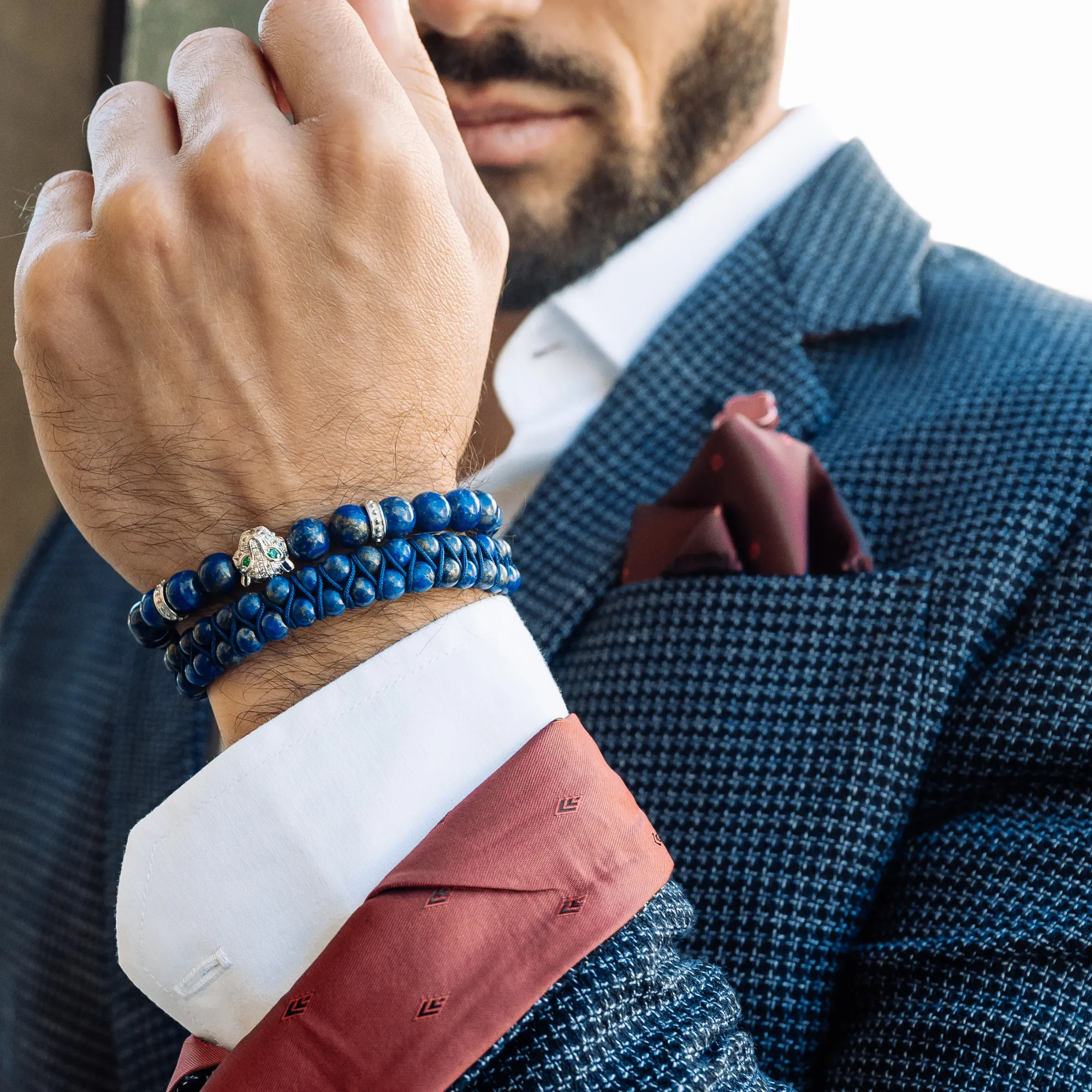 Men's LAPIS LAZULI Bracelet With Silver LEOPARD Head - One Size Fits All