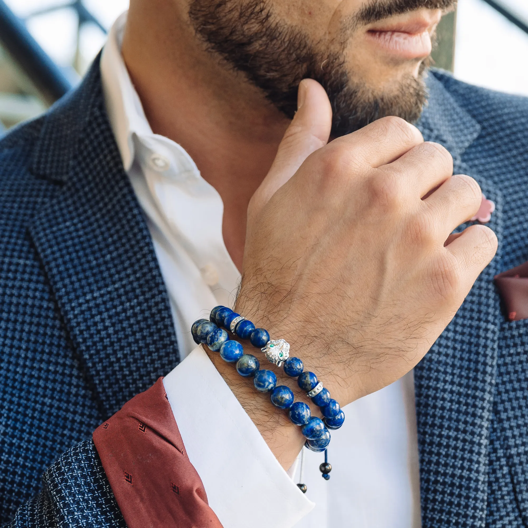 Men's LAPIS LAZULI Bracelet With Silver LEOPARD Head - One Size Fits All