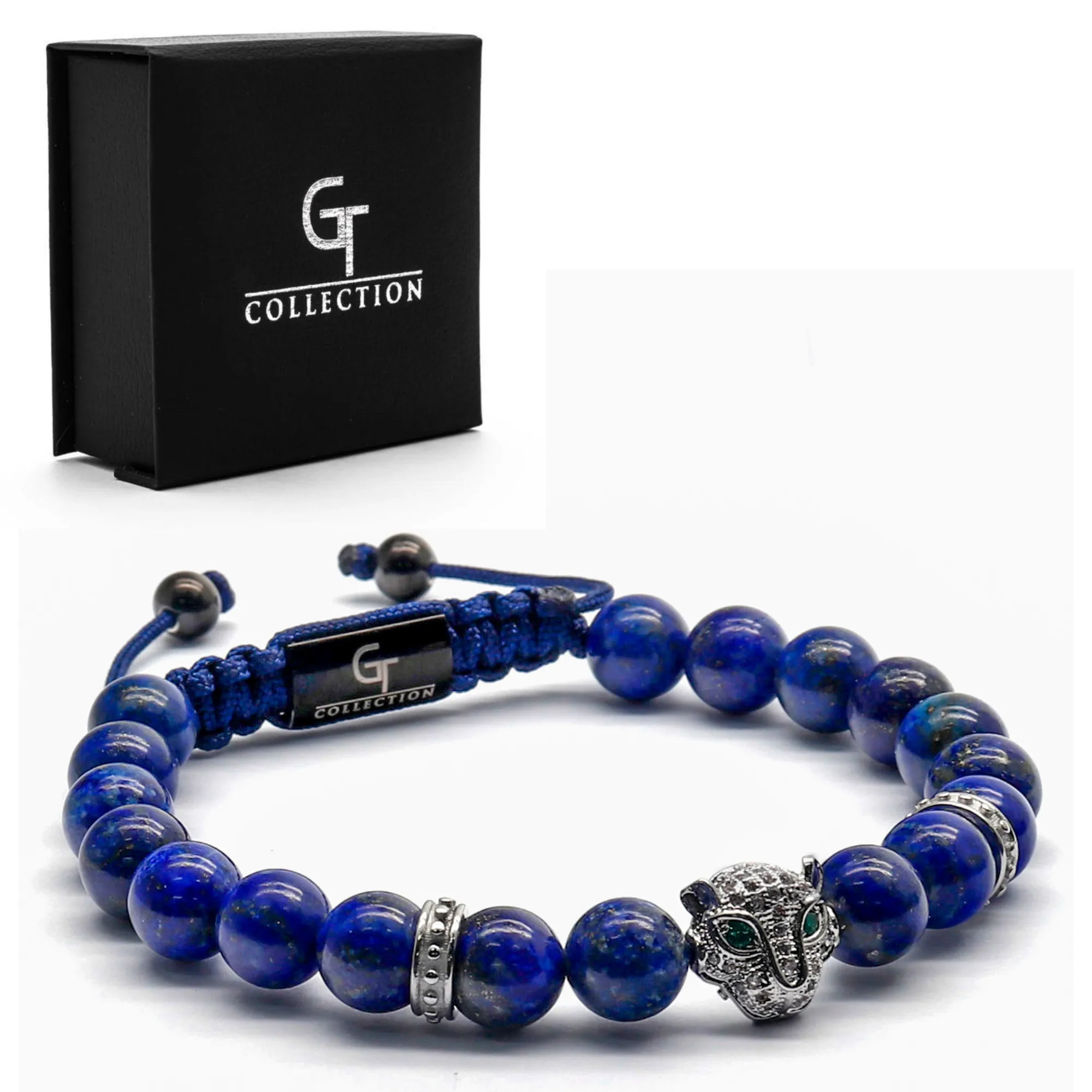 Men's LAPIS LAZULI Bracelet With Silver LEOPARD Head - One Size Fits All