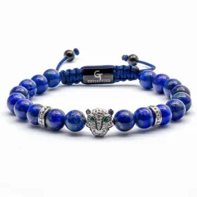 Men's LAPIS LAZULI Bracelet With Silver LEOPARD Head - One Size Fits All