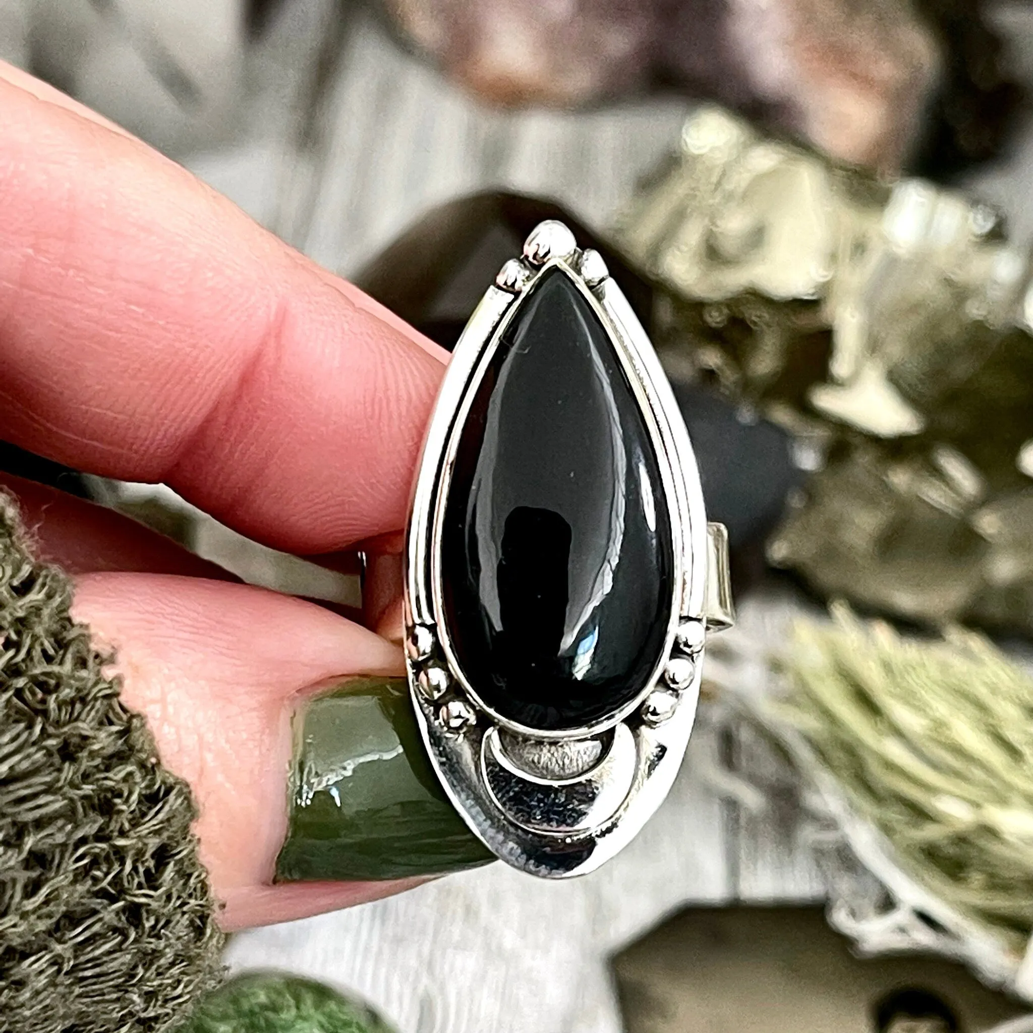 Midnight Moon Crystal Ring Black Obsidian in Sterling Silver / Designed by FOXLARK Adjustable to Size 6 7 8 9 Gemstone Jewelry Goth Ring