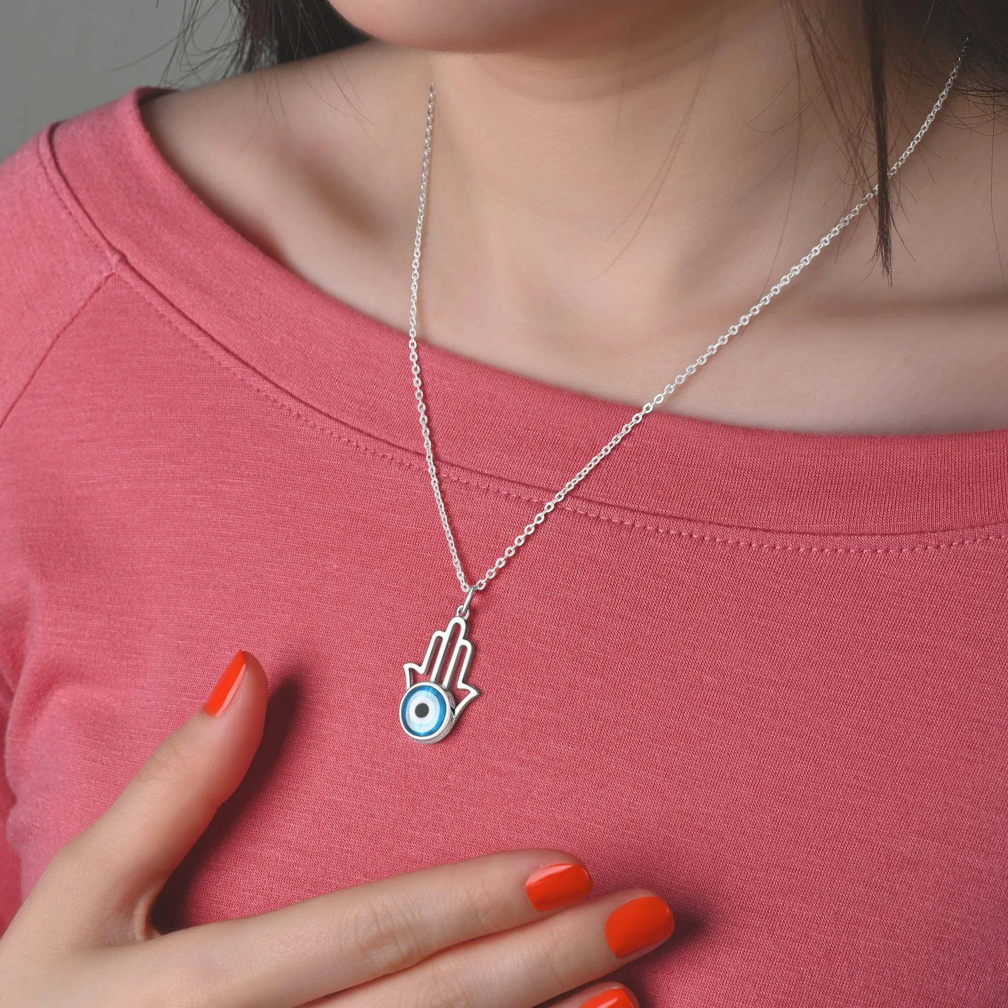 Minimalist Hamsa Hand Blue Evil Eye Pendant