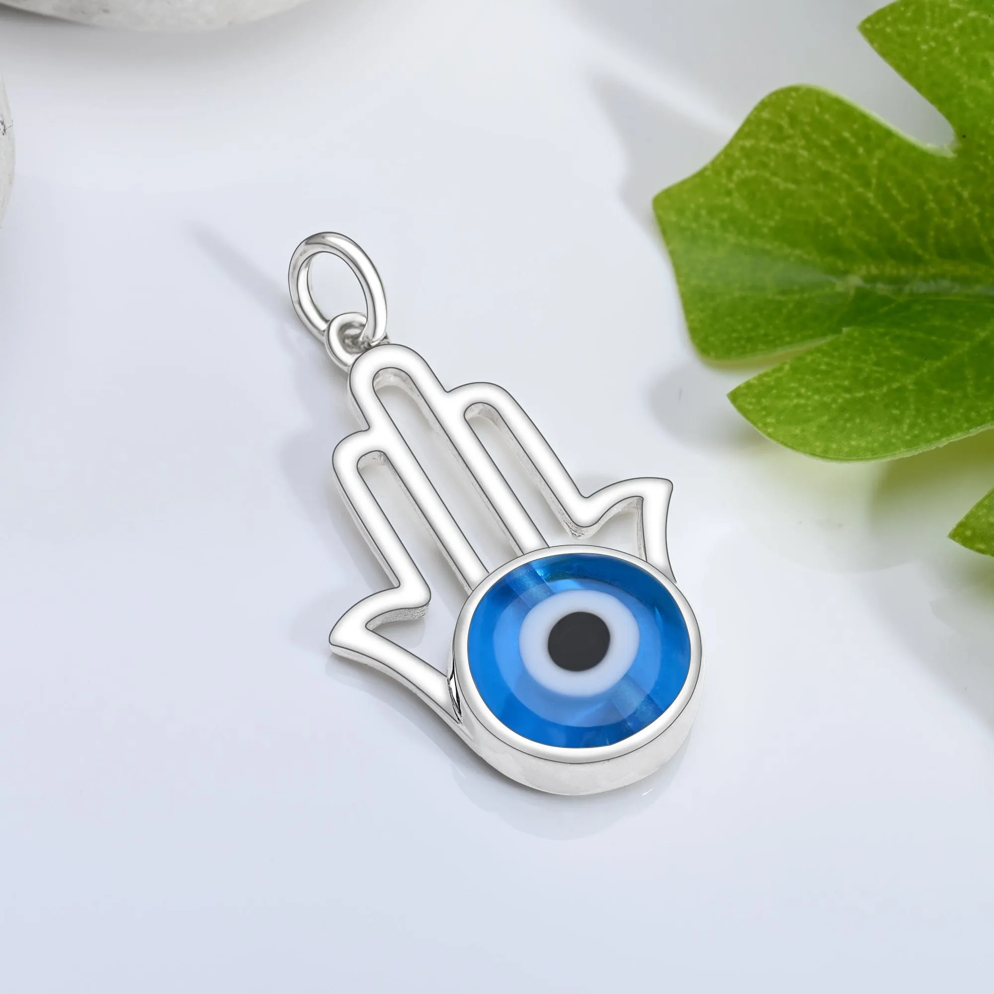 Minimalist Hamsa Hand Blue Evil Eye Pendant