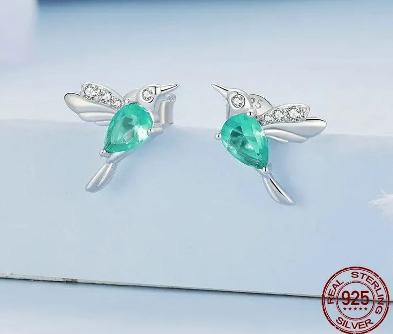 Mint Green Hummingbird 925 Sterling Silver Stud Earrings